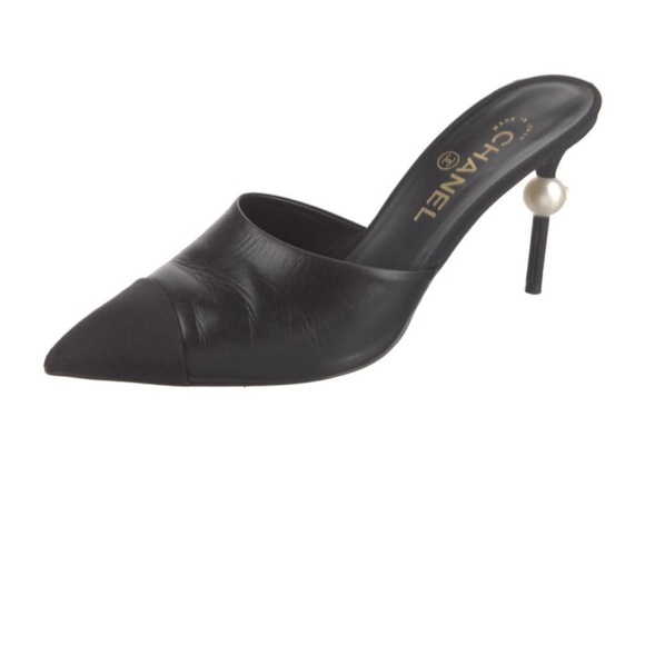 Chanel Black Leather Mules with Pearl Heel - Picture 1 of 3